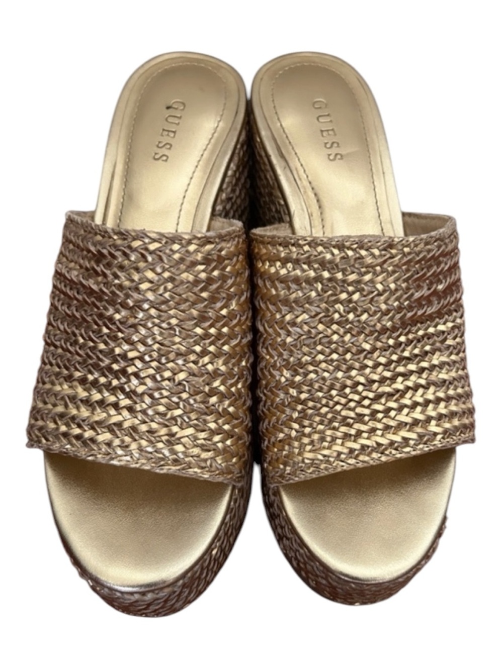 GUESS Metallic Gold Woven Platform Wedges